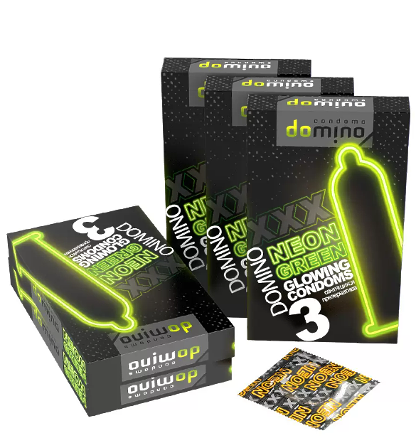 ПРЕЗЕРВАТИВЫ DOMINO NEON GREEN светящиеся 3штуки