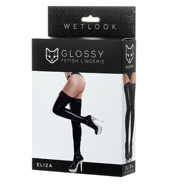 Чулки Glossy ELIZA из материала Wetlook со вставкой из кружева, черный, S