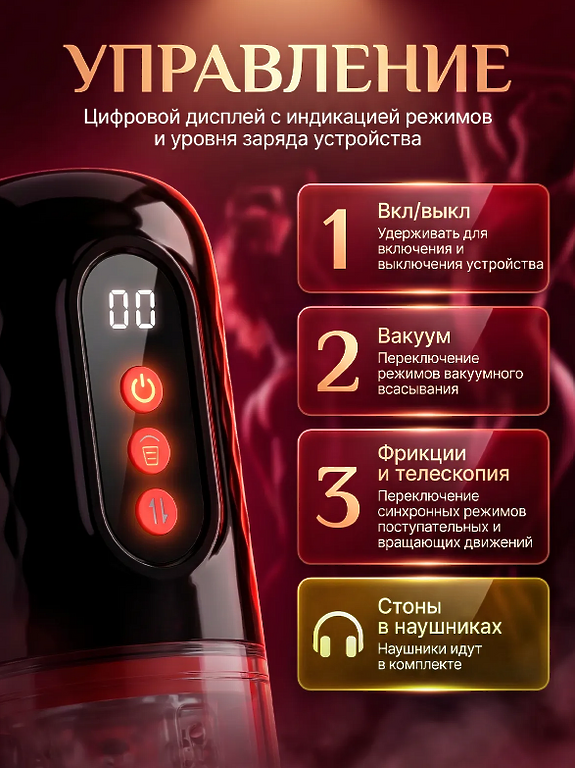 Мастурбатор мужской реалистичный с телекскопией и вакуумом, со стонами