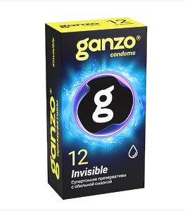 ПРЕЗЕРВАТИВЫ GANZO INVISIBLE №12 BLACK EDITION (гладкие супертонкие с доп. смазкой), 12 шт. в упак.